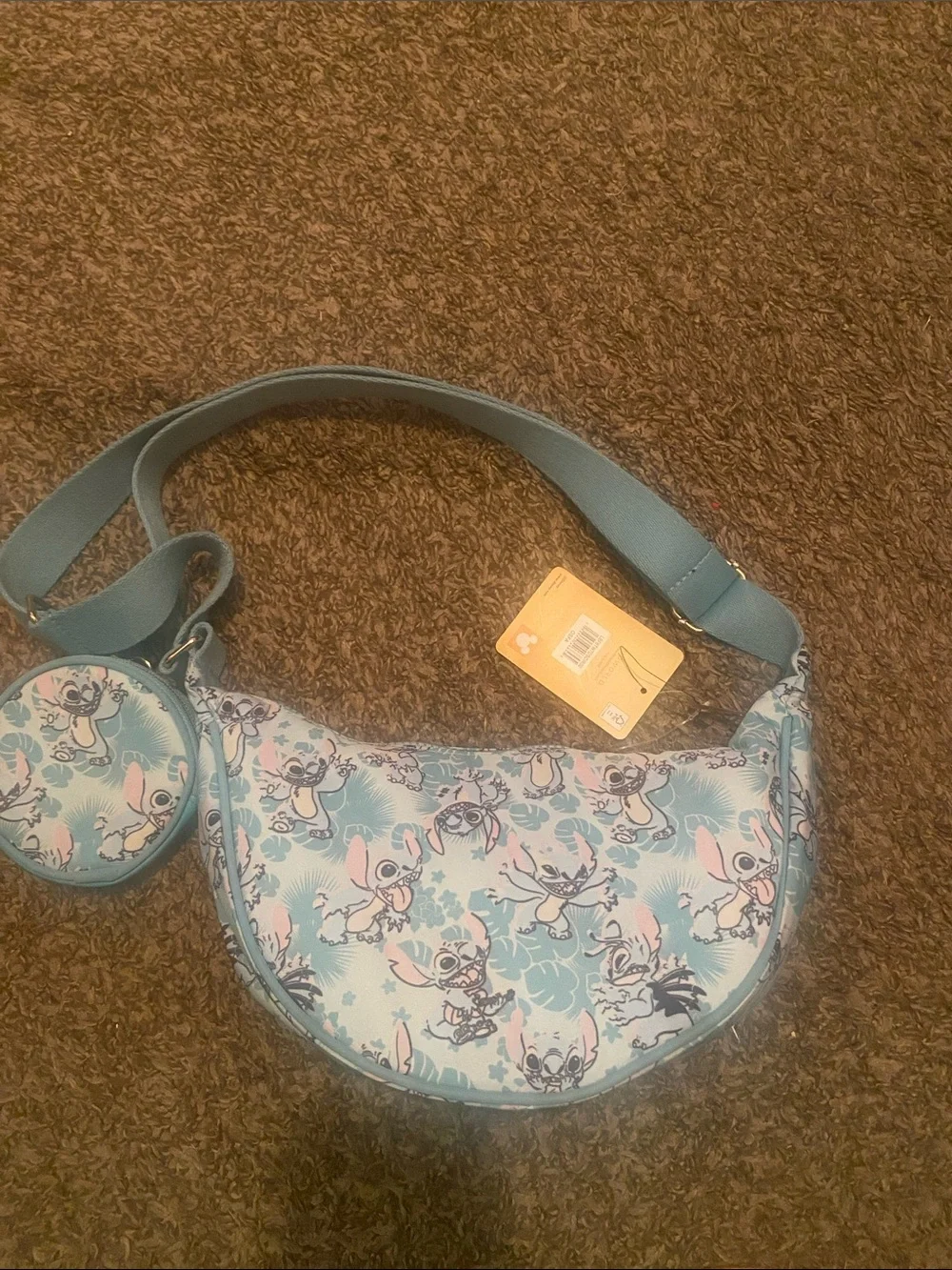Bioworld Light Blue Stitch Pattern Kids Crescent Crossbody with Coin Pouch